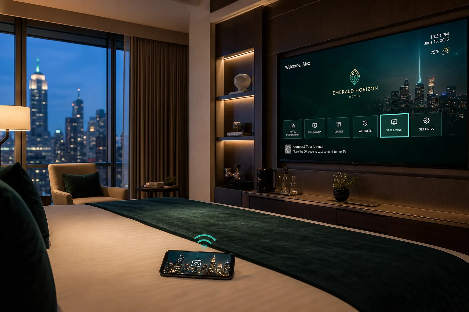 Abu Dhabi luxury hotel guest room with IPTV and Chromecast casting