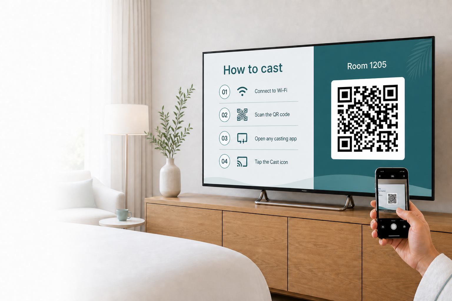 Hotel TV showing QR pairing and four guest casting steps